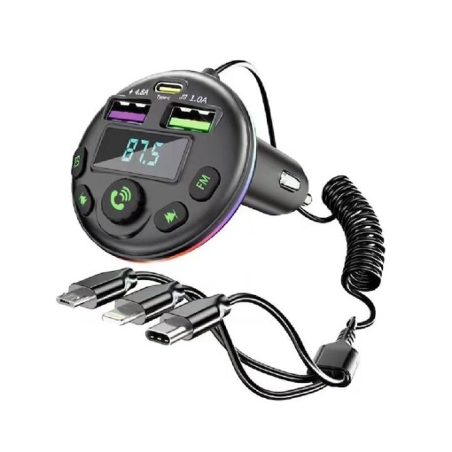 Incarcator auto rapid, 12V-24V, Bluetooth, Efect iluminare RGB, USB+Type-C+TF, Negru