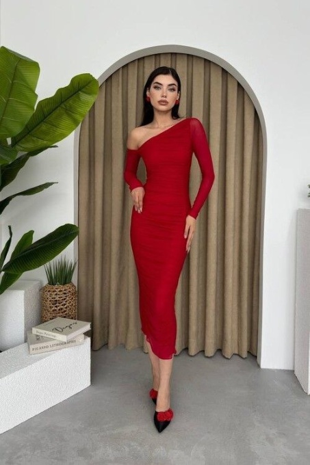 Rochie midi pe corp drapata Onyx Rosu