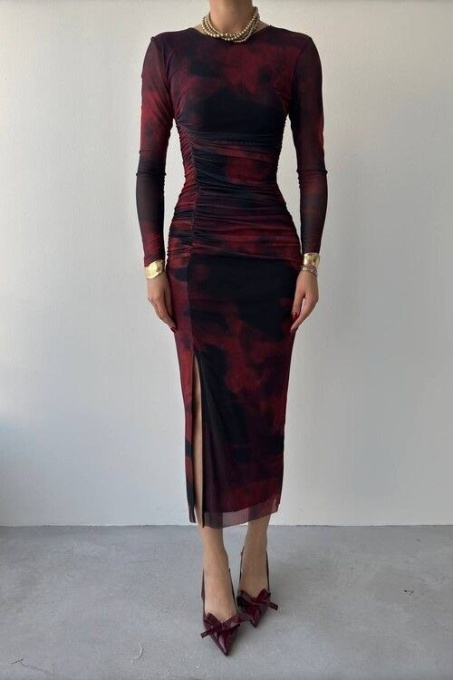 Rochie midi drapata pe cop Sienna, Bordo/Albastru