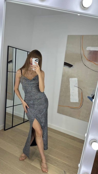 Rochie , Lunga cu decolteu, Picor dezgolit, Bretele, Nero-Argento