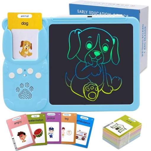 Tableta LCD 2 in 1 pentru copii, Fluffy, Interactiva si educationala, Scris si desenat, 112 carduri cu 224 cuvinte in limba engleza, Albastru