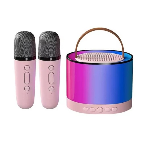Boxa karaoke cu 2 microfoane, Portabila cu jocuri de lumini, rotunda, Smart copii, difuzor Wireless, Roz