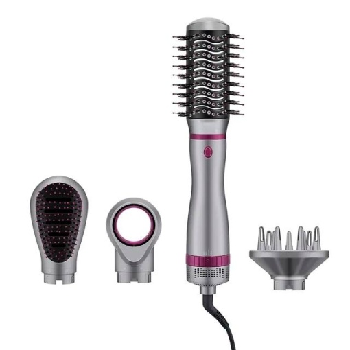 Ondulator de par, Multifunctional 4 in 1, Trei trepte, Pieptene cu aer cald, Gri/roz
