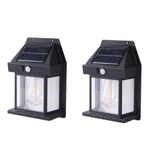 Set 2 Lampa Solara de Perete LED Tip Felinar Selani®, Senzor de miscare, fara fir, 2 moduri de functionare, protectie IP65, Rezistent la apa, Pentru gradina, curte, exterior, gard, Negru
