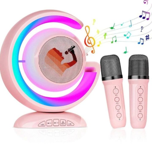Set 2 Microfoane si boxa pentru Karaoke, Lumina LED, Pentru copii si adulti, Kit 2 in 1, Aparat Portabil, Cu Conectare la Telefon, Roz