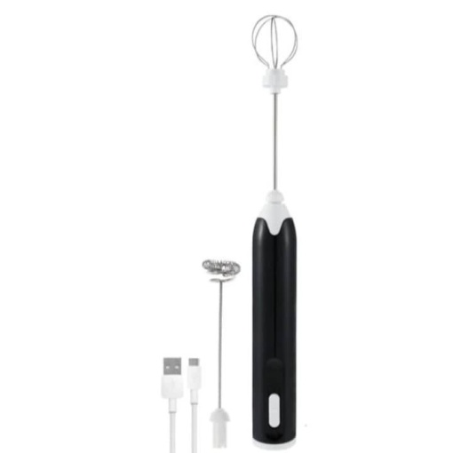 Mixer spumator de lapte, Acumulator reincarcabil USB, Cu 2 capete si 3 trepte de viteza, Ideal pentru cappuccino, caffe latte, Negru