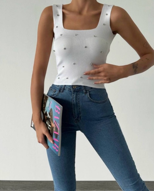 Top OneSize cu decolteu, Aplicatii metalice pe corp, Calitate inalta, Alb