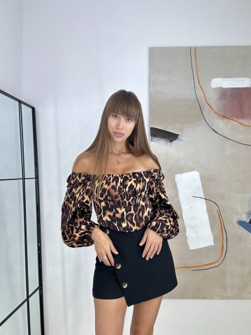 Bluza cu decolteu si maneci lungi, , Print Leopard - Img 6