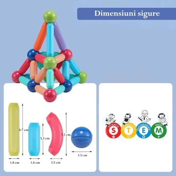 Joc educativ de constructie Magnetic Sticks cu bile si bete magnetice, 64 Piese, Pentru adulti si copii 3+, - Img 3