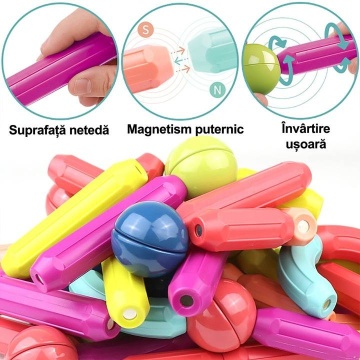 Joc educativ de constructie Magnetic Sticks cu bile si bete magnetice, 128 Piese, Pentru adulti si copii 3+, - Img 7