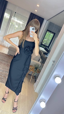 Rochie eleganta cu umerii goi, Floare la talie, Croiala deosebita, Negru - Img 2