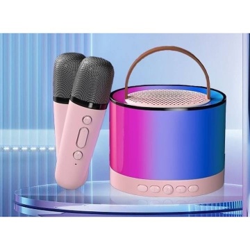 Boxa karaoke cu 2 microfoane, Portabila cu jocuri de lumini, rotunda, Smart copii, difuzor Wireless, Roz - Img 2
