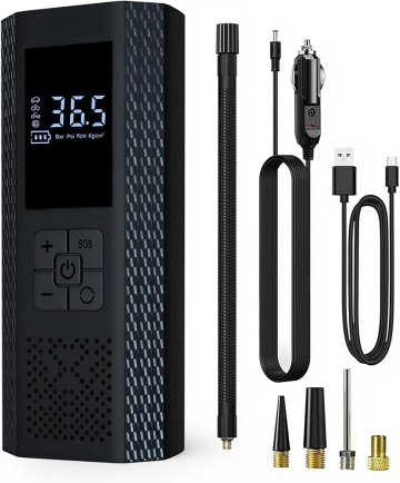 Pompa de Aer Wireless, Selani, Portabila, 150 PSI, Pentru Anvelope si Mingi, Baterie 2000 mAh, Afisaj Digital, Incarcator telefon USB si Type-C, Lanterna SOS, Dimensiune 17.5 x 8.5 cm, Negru - Img 1