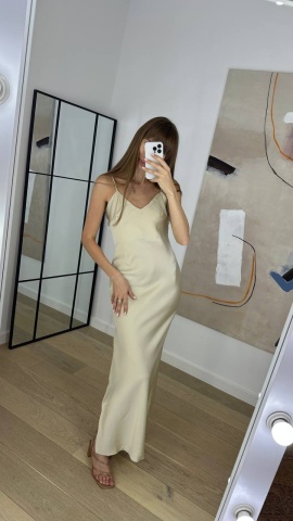Rochie maxi din satin, Eleganta, , Bej - Img 1