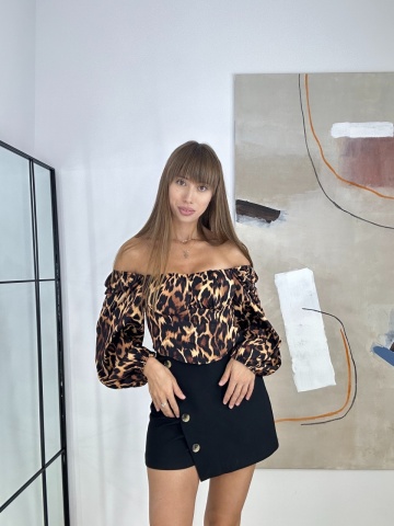 Bluza cu decolteu si maneci lungi, , Print Leopard - Img 4