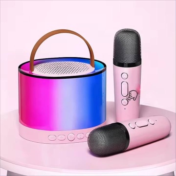 Boxa karaoke cu 2 microfoane, Portabila cu jocuri de lumini, rotunda, Smart copii, difuzor Wireless, Roz - Img 3