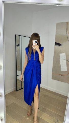 Rochie , Midi, Decolteu si picior dezgolit, Croiala deosebita, Albastru - Img 3