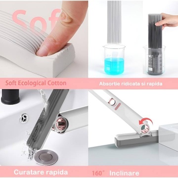 Mop de Mana, Mini-Portabil, cu Sistem de Stoarcere, Burete Absorbant, Multisuprafete si Geamuri, Alb - Img 3