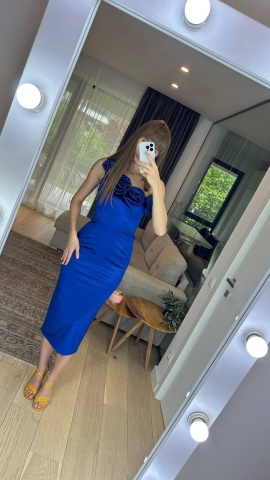 Rochie eleganta cu flori la decolteu, Pe corp, Albastra - Img 2