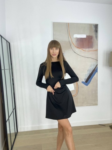 Rochie midi dreapta cu maneci lungi, Negru - Img 1
