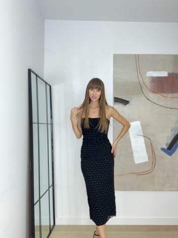 Rochie pe corp, Umerii goi, Mergele mici sclipitoare, Negru - Img 4