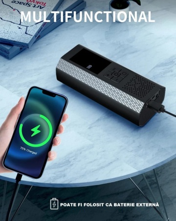 Pompa de Aer Wireless, Selani, Portabila, 150 PSI, Pentru Anvelope si Mingi, Baterie 2000 mAh, Afisaj Digital, Incarcator telefon USB si Type-C, Lanterna SOS, Dimensiune 17.5 x 8.5 cm, Negru - Img 2