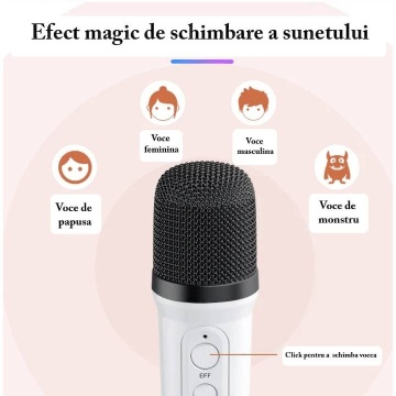 Set 2 Microfoane si boxa pentru Karaoke, Lumina LED, Pentru copii si adulti, Kit 2 in 1, Aparat Portabil, Cu Conectare la Telefon, Roz - Img 5
