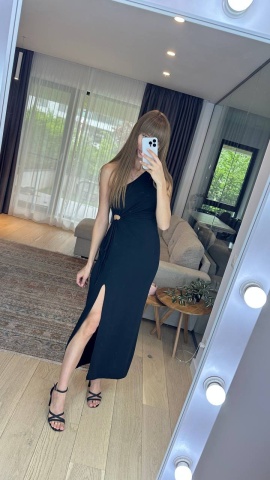 Rochie elastica pe corp, Umar dezgolit, Decolteu, Negru - Img 1
