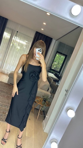 Rochie eleganta cu umerii goi, Floare la talie, Croiala deosebita, Negru - Img 1