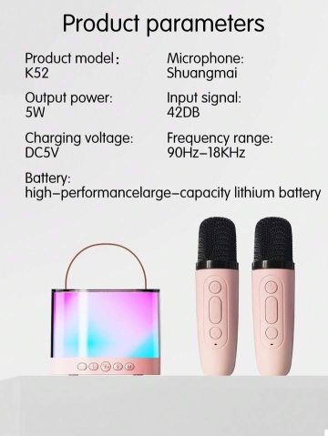 Boxa karaoke cu 2 microfoane, Portabila cu jocuri de lumini, rotunda, Smart copii, difuzor Wireless, Roz - Img 8