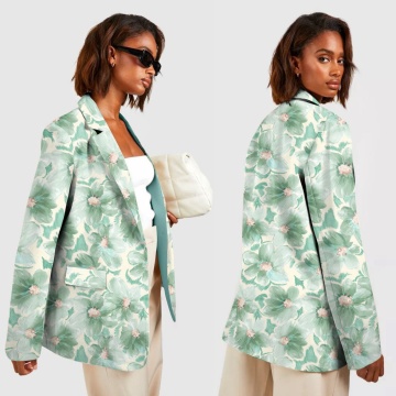 Sacou , Elegant cu imprimeu floral, Clasic cu guler, Buzunare, Verde - Img 2