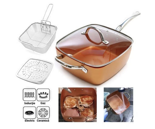 Set Tigaie Multifunctionala cu capac 5 in 1 Razo ,cu Suprafata Non Aderenta, Mânere inox si reci, Copper, Friteuza, Pentru Cuptor, Sita Pentru Prajit, Gratar Pentru Abur, Temperatura pana la 260°C