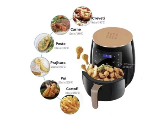 Friteuza cu aer cald, Razo , de mare capacitate 2400W, 6L ,LCD touch, Timer, 6 programe, Oprire automată, Negru - Img 3