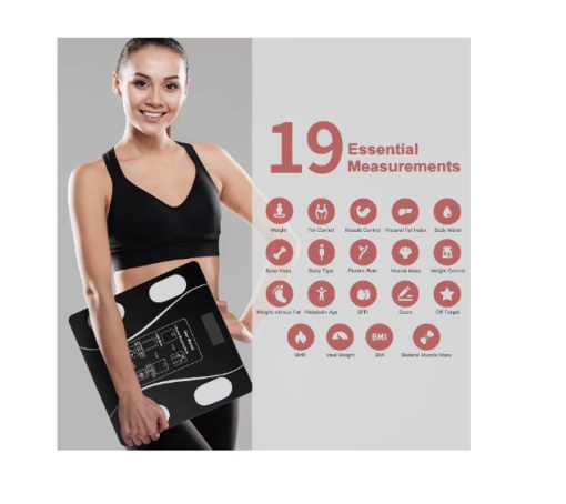 Cântar Electronic Smart de diagnostic corporal încărcare USB, Conexiune Bluetooth la App Pentru Fitness, Intervalul de cantarire 0,2-180 kg, Detectarea temperaturii, Sticla securizata, Neagra - Img 5