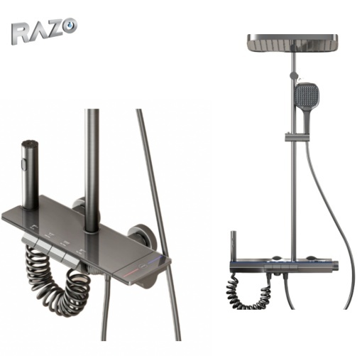 Coloana de Dus Premium Razo, Display LED, Banda Ambientala LED, Comenzi Piano, 4 Functii Curgere Apa, Rotatie 360°, Materiale Premium, Para Dus, Robinet Ascuns, Gri