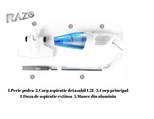 Aspirator vertical portabil 2 in 1 Razo, Portabil, 600W , Filtru Hepa , 4m cablu, Design Ergonomic , Alb - Img 2