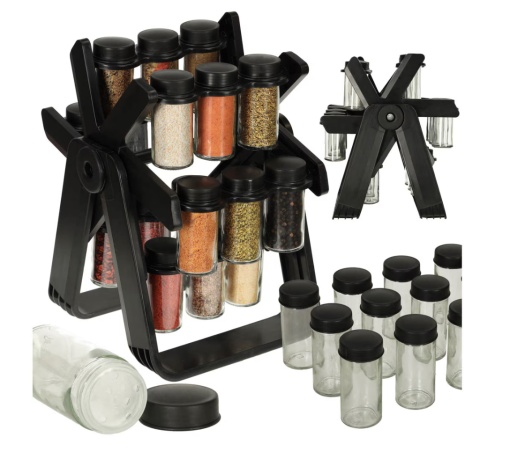 Set organizator rotativ de condimente cu 18 recipiente din sticla, Negru mat