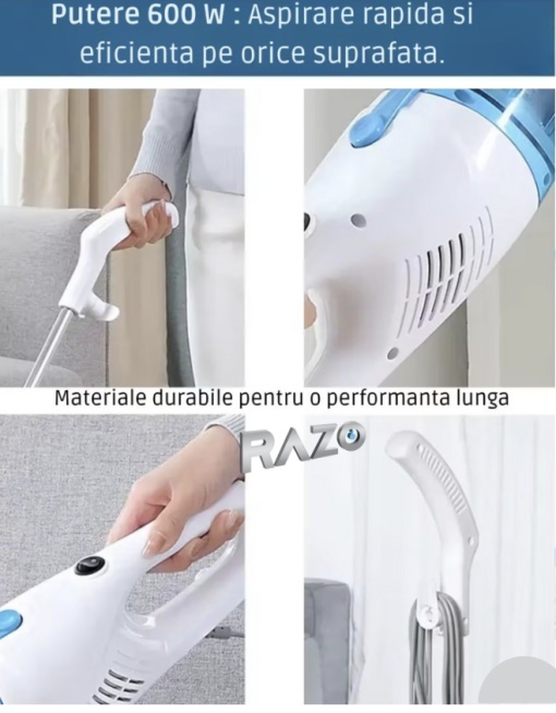 Aspirator vertical portabil 2 in 1 Razo, Portabil, 600W , Filtru Hepa , 4m cablu, Design Ergonomic , Alb - Img 4