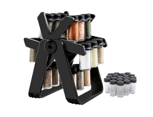 Set organizator rotativ de condimente cu 18 recipiente din sticla, Negru mat - Img 2