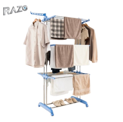 Uscator Vertical Haine ,Razo , Mobil si Pliabil Pentru Spatii Mici, 3 niveluri, Suport Umerase, Inaltime reglabilă 75-126 x64x170 , pana la 50 kg, Albastru