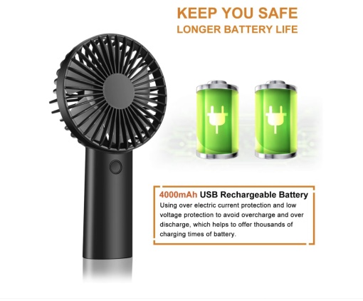 Ventilator mini Portabil Razo , de mana/birou , reîncărcabil prin USB , 3 trepte de viteza , Negru - Img 3