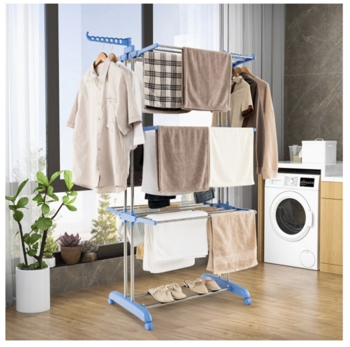 Uscator Vertical Haine ,Razo , Mobil si Pliabil Pentru Spatii Mici, 3 niveluri, Suport Umerase, Inaltime reglabilă 75-126 x64x170 , pana la 50 kg, Albastru - Img 3