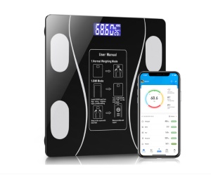 Cântar Electronic Smart de diagnostic corporal încărcare USB, Conexiune Bluetooth la App Pentru Fitness, Intervalul de cantarire 0,2-180 kg, Detectarea temperaturii, Sticla securizata, Neagra