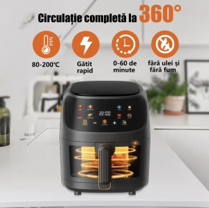 Friteuza cu aer cald , Razo AirFryer, 2400W , capacitate 8L , Cos de sticla securizata detașabil , Temperatura ajustabilă , Timer , 8 Programe Prestate , Protecție supraîncălzire , Touch , Negru - Img 3