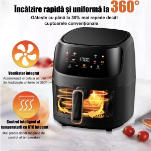 Friteuza cu aer cald , Razo AirFryer, 2400W , capacitate 8L , Cos de sticla securizata detașabil , Temperatura ajustabilă , Timer , 8 Programe Prestate , Protecție supraîncălzire , Touch , Negru - Img 4