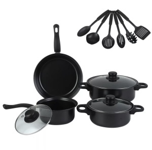 Set premium de oale si ustensile de bucătărie pentru gătit , 13 piese , Material antiaderente ,Sticla termorezistentă, Ideale pentru Camping si Bucataria Zilnica, Negru