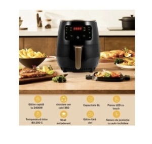 Friteuza cu aer cald, Razo , de mare capacitate 2400W, 6L ,LCD touch, Timer, 6 programe, Oprire automată, Negru - Img 4