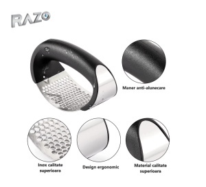Presa pentru usturoi Razo, zdrobitor manual curbat, Maner din plastic caucicat ABS, Anti-alunecare, Zdrobitorul oțel inoxidabil, Rezistent la Rugina, Negru - Img 3