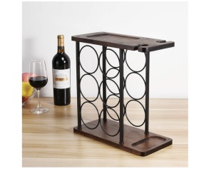 Raft de lemn/metal pentru 6 sticle de vin, cu suport pentru 2 pahare, kit de asamblare, 38x37x16 cm, Usor Asamblat, Demontabil, Negru/Maro - Img 2