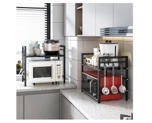 Raft metalic cuptor cu microunde, Etajera ajustabila, Organizator bucatarie, Rafturi ajustabile 40-60 x 32 x 48 cm, Negru - Img 3